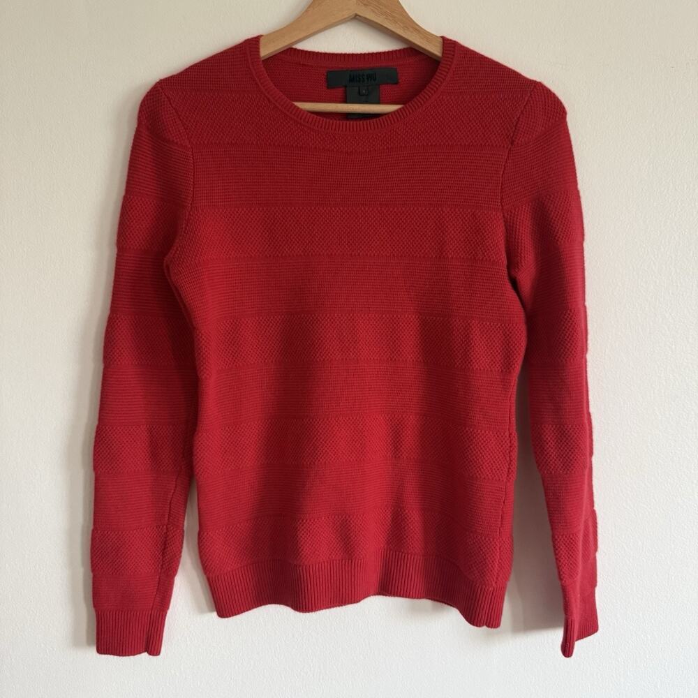 Miss Wu 100% Cashmere Red Textured Stripe Crewneck Quiet Luxury Sweater Womens S